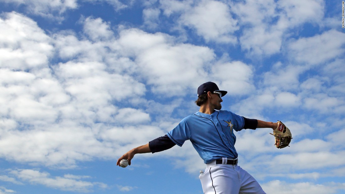 Tampa Bay pitcher Danny Farquhar warms up during a spring-training workout in Port Charlotte, Florida, on Sunday, February 21.