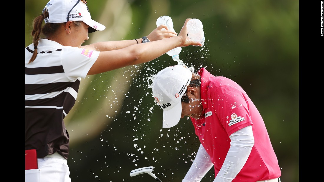 Lydia Ko dumps water on Haru Nomura after Nomura won the Women's Australian Open on Sunday, February 21. It was the first LPGA victory for Nomura.