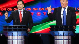 HOUSTON, TX - FEBRUARY 25:  Donald Trump (R) and Sen. Marco Rubio (R-FL) talk over each other at the Republican presidential debate at the Moores School of Music at the University of Houston on February 25, 2016 in Houston, Texas. The debate is the last before the March 1 Super Tuesday primaries.  (Photo by Michael Ciaglo-Pool/Getty Images )