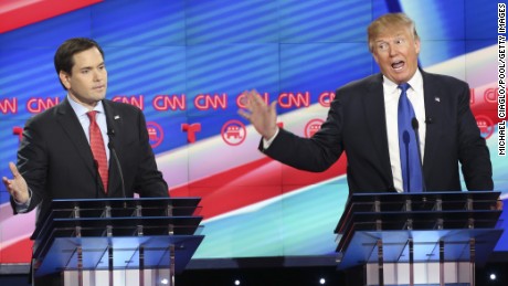 HOUSTON, TX - FEBRUARY 25:  Republican presidential candidates, Sen. Marco Rubio (R-FL) and Donald Trump argue during the Republican presidential debate at the Moores School of Music at the University of Houston on February 25, 2016 in Houston, Texas. The debate is the last before the March 1 Super Tuesday primaries.  (Photo by Michael Ciaglo-Pool/Getty Images)