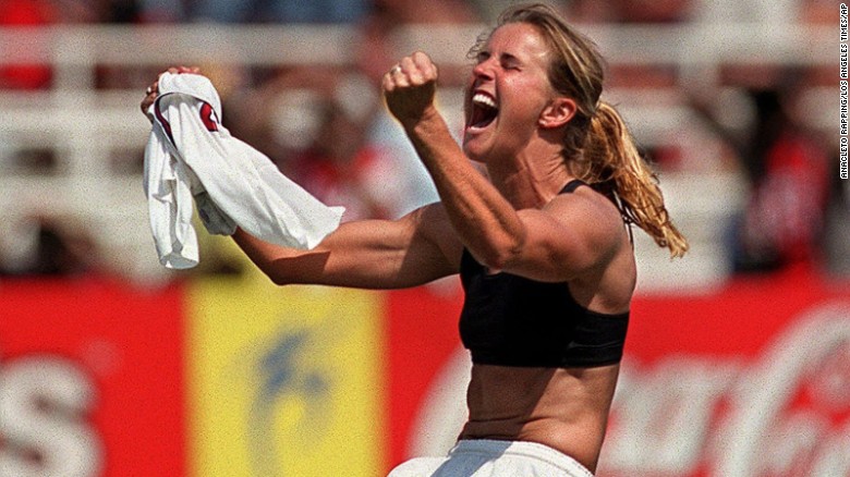 Brandi Chastain reacts to her winning penalty kick that won the 1999 Women&#39;s World Cup for the U.S. 