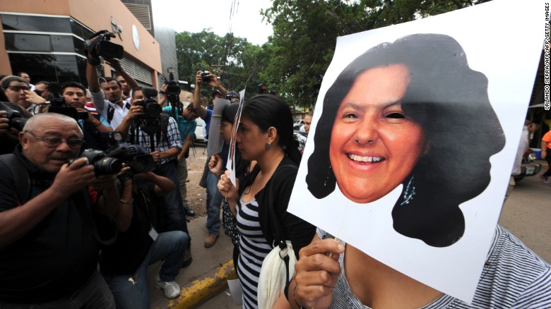 Activists protest the killing of Honduran environmental activist Berta Cáceres.