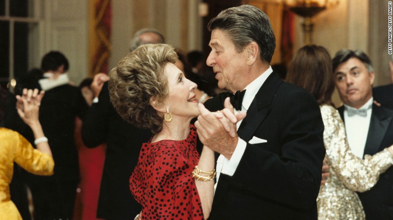 Former U.S. President Ronald Reagan dances with former First Lady Nancy Reagan in this undated file photo. Reagan turns 92 on February 6, 2003. 