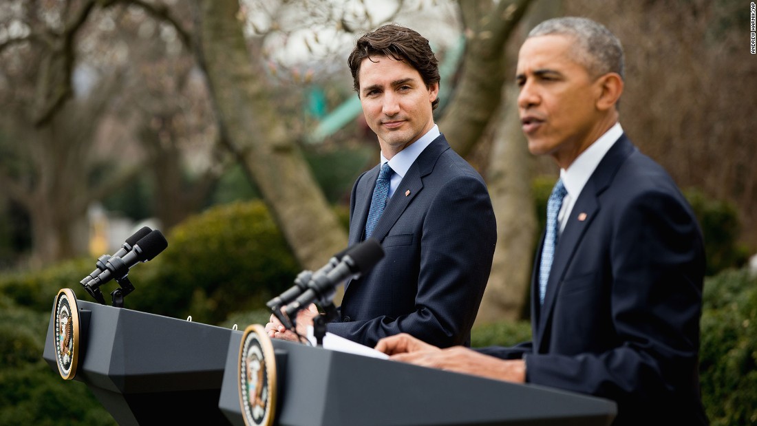 Canadian Prime Minister Justin Trudeau listens as President Barack Obama speaks during a bilateral news conference in the Rose Garden of the White House on Thursday, March 10.