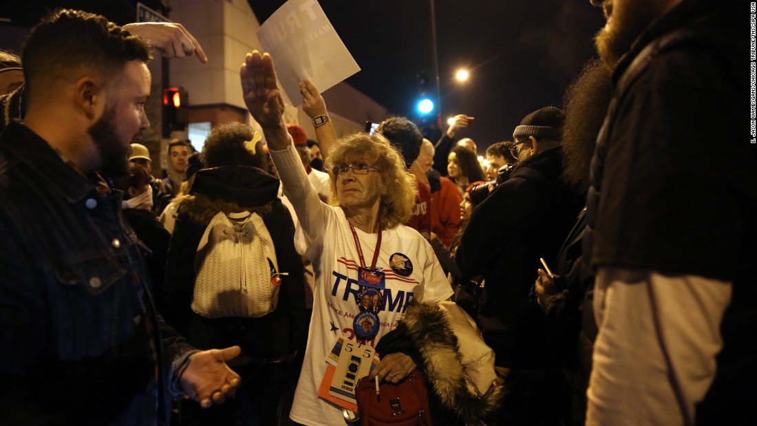 Donald Trump supporter Birgitt Peterson of Yorkville, Illinois, argues with protesters outside the UIC Pavilion after the canceled rally for the Republican presidential candidate in Chicago on Friday, March 11. &lt;a href=&quot;http://www.chicagotribune.com/news/ct-birgitt-peterson-trump-rally-met-0313-20160312-story.html&quot; target=&quot;_blank&quot;&gt;Peterson told the Chicago Tribune&lt;/a&gt; that she responded with the Nazi-style salute after anti-Trump protestors called her a Nazi. &lt;a href=&quot;http://www.cnn.com/2016/03/12/politics/donald-trump-protests/index.html&quot; target=&quot;_blank&quot;&gt;The Trump rally was canceled&lt;/a&gt; because of concerns after hundreds of protestors packed into the University of Illinois at Chicago venue.