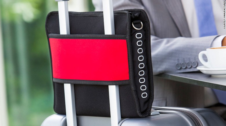 The Airpocket comes with a wide band that can be secured to a suitcase.