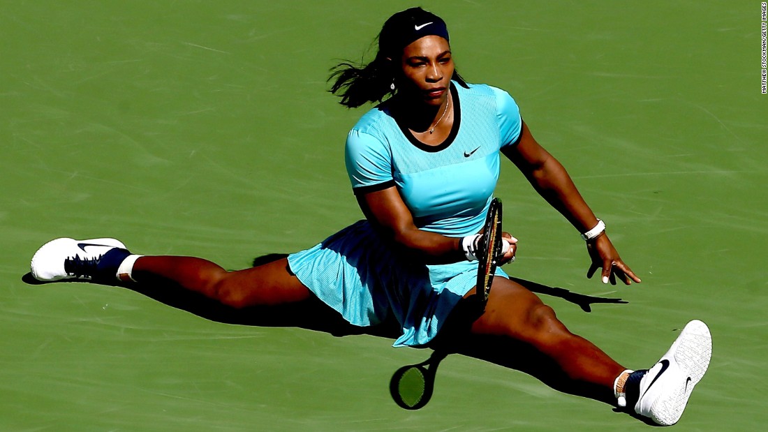 Serena Williams slides for a shot Sunday, March 20, during the final of the BNP Paribas Open in Indian Wells, California. Victoria Azarenka defeated Williams 6-4, 6-4.