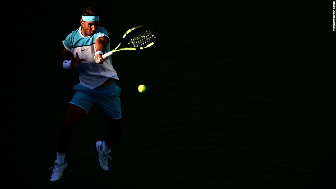 Rafael Nadal hits a forehand in the fourth round of the BNP Paribas Open on Wednesday, March 16.