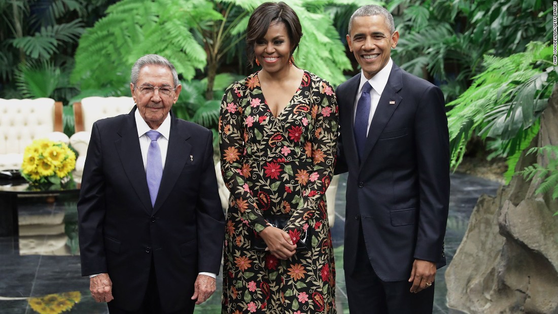 Cuban President Raul Castro poses with first lady Michelle Obama and President Barack Obama before a state dinner at the Palace of the Revolution in Havana, Cuba, on Monday, March 21. Obama is the first U.S. President to visit Cuba since Calvin Coolidge in 1928. Check out more pictures from this history-making visit: