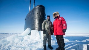 160318-N-QA919-432 Arctic Circle (March 15, 2016) - Lt. Gen. Russell J. Handy, Commander, Alaskan Command, stands with Cmdr. Thomas Aydt, Commanding Officer of Los Angeles-class submarine USS Hartford (SSN-768) during Ice Exercise (ICEX) 2016. ICEX 2016 is a five-week exercise designed to research, test, and evaluate operational capabilities in the region. ICEX 2016 allows the U.S. Navy to assess operational readiness in the Arctic, increase experience in the region, advance understanding of the Arctic Environment, and develop partnerships and collaborative efforts. (U.S. Navy photo by Aerographer's Mate 2nd Class Zachary Yanez)