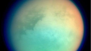 UNDATED: This undated NASA handout shows Saturn's moon, Titan, in ultraviolet and infrared wavelengths. The Cassini spacecraft took the image while on its mission to.  gather information on Saturn, its rings, atmosphere and moons. The different colors represent various atmospheric content on Titan.  (Photo by NASA via Getty Images)
