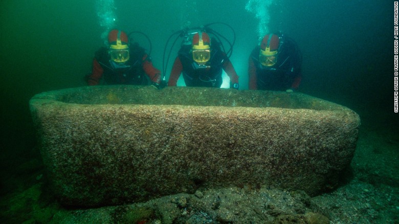 Goddio&#39;s team and a six-and-a-half-foot long pink granite garden vat dating from the fourth-to-second century BC. The ports became submerged through a variety of factors, including rising sea levels, subsidence, tidal waves and land liquefaction.