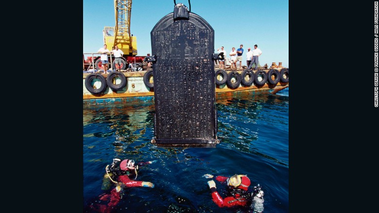 The intact stele is over six feet tall and was carefully removed by Goddio&#39;s team for preservation.