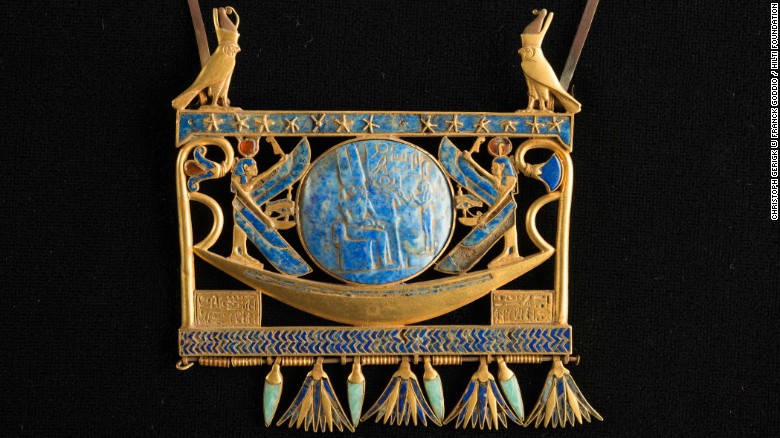 Canopus and Thonis-Heracleion also yielded intricate jewelry, says Masson-Berghoff, which will be on display in London. Seen here is a pectoral in gold, lapis lazuli and glass paste, found in Tanis in the royal tomb of the Pharaoh Sheshonk II. In the center of the piece is a vessel not unlike the processional barge discovered by Goddio&#39;s team in Abukir Bay.