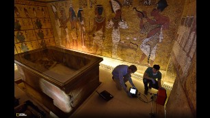 Eric Berkenpas and Alan Turchik get the radar unit ready to scan walls. Photo credit: Kenneth Garrett/National Geographic/Egyptian Ministry of Antiquities.