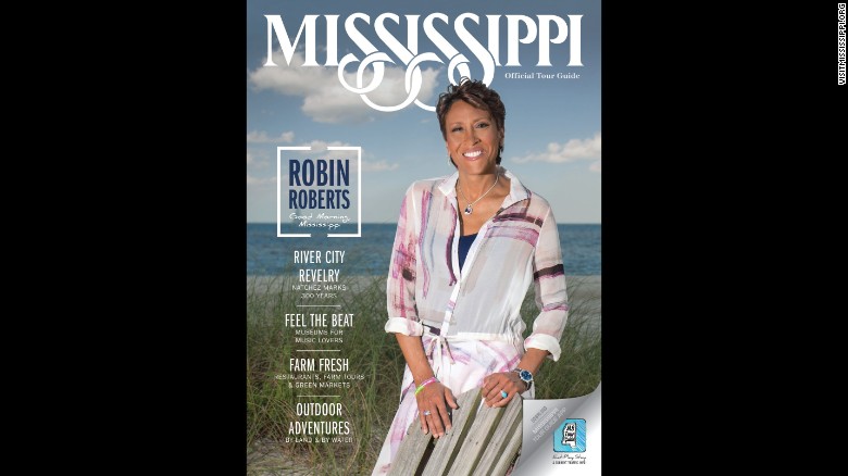 An article from The Advocate on Thursday pointed out that openly gay &quot;Good Morning America&quot; anchor Robin Roberts is on the cover of Mississippi's official tourism guide. Gay rights groups have slammed the state's new &quot;religious freedom&quot; law as discriminatory.