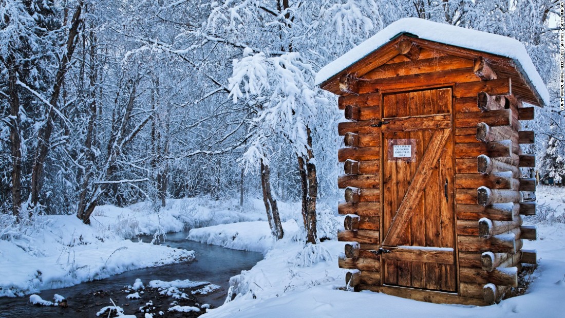 This employees-only wooden washroom helps cut down on yellow snow at Alaska&#39;s Chena Hot Springs Resort.
