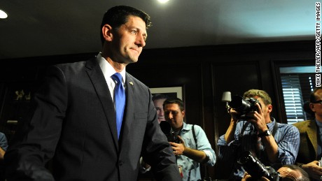 House Speaker Paul Ryan leaves a news conference at the Republican National Committee headquarters in Washington, DC on April 12, 2016.