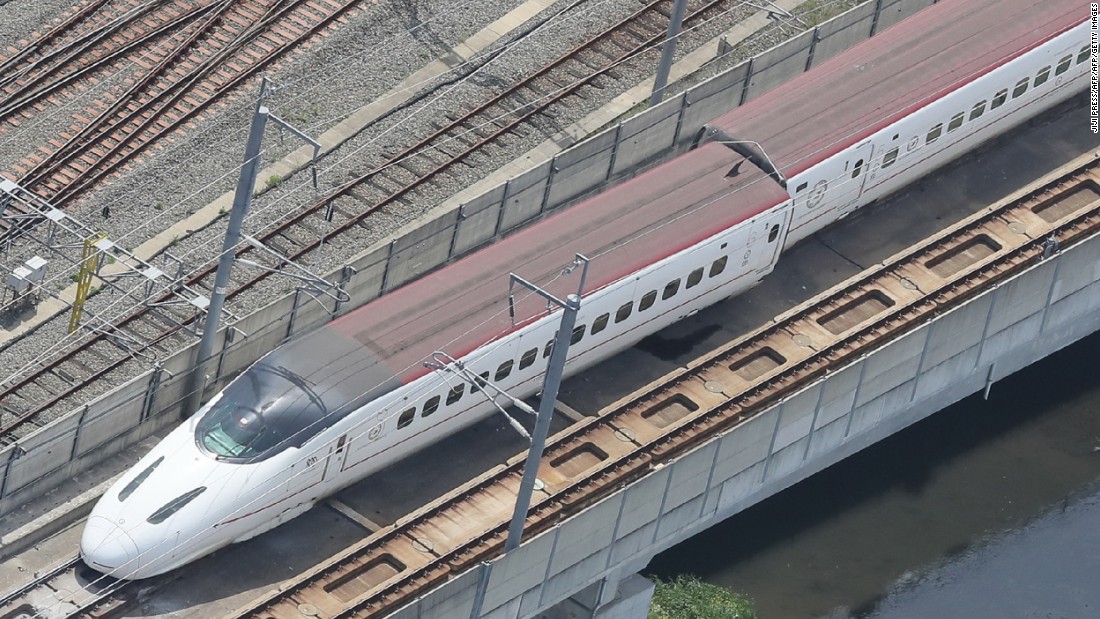 A derailed Kyushu shinkansen, or bullet train, in the city of Kumamoto.