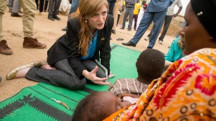U.S. diplomat Samantha Power meets a family who fled Boko Haram.