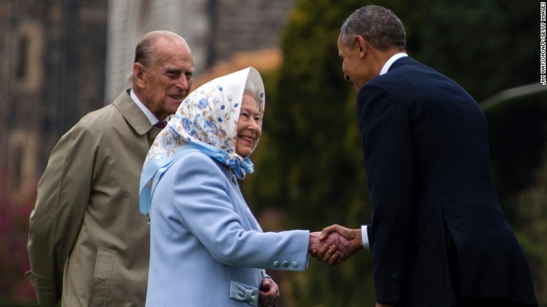 Queen Elizabeth II and her husband, Prince Philip, greet President Barack Obama outside Windsor Castle, west of London, on Friday, April 22.