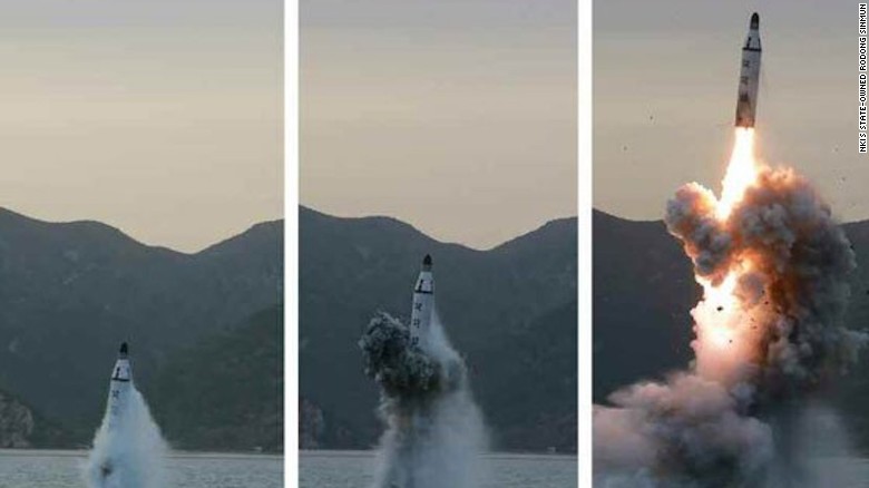 pictures allegedly showing North Korea testing submarine-launched ballistic missile (SLBM) off the eastern coast of the Korean peninsula on Saturday