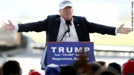 HAGERSTOWN, MD - APRIL 24:  Republican presidential candidate Donald Trump speaks while campaigning at the Hagerstown airport April 24, 2016 in Hagerstown, Maryland. Maryland holds their presidential primary on Tuesday, along with Delaware, Pennsylvania, Rhode Island and Connecticut.  (Photo by Win McNamee/Getty Images)