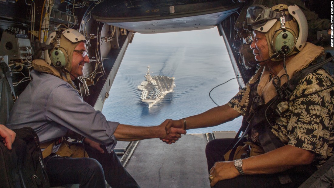 U.S. Secretary of Defense Ash Carter (left) and Philippine Secretary of National Defense Voltaire Gazmin shake hands on a Marine Corps V-22 Osprey as they depart the the aircraft carrier USS John C. Stennis (CVN 74) after touring the aircraft carrier as it sailed in the South China Sea on April 15, 2016. The Pentagon announced on Friday that China has denied the Stennis a port call in Hong Kong. Click through the gallery to see other Navy carriers.