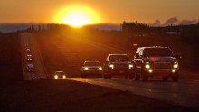 Evacuees leave Fort McMurray in the early morning, after being stranded north of the wildfire in Fort McMurray, Alberta, on May 6. 