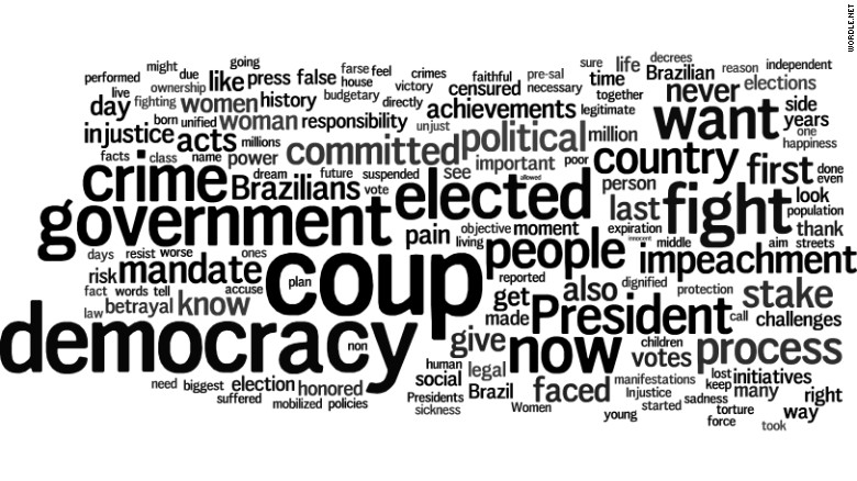 Here&#39;s a look at the most prominent words Dilma Rousseff used in two speeches as the embattled Brazilian leader made her case in the court of public opinion Thursday, based on CNN&#39;s translations of her remarks.