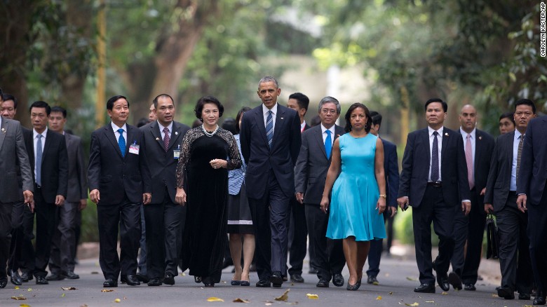 President Barack Obama, center, accompanies Thi Kim Ngan, center left, chairwoman of Vietnam's National Assembly, at the Presidential Palace in Hanoi, Vietnam, on Monday, May 23. Obama is visiting Vietnam and Japan &lt;a href=&quot;http://www.cnn.com/2016/05/23/politics/obama-hiroshima-vietnam-trip-wartime-legacy/index.html&quot; target=&quot;_blank&quot;&gt;during his trip to Asia&lt;/a&gt;.