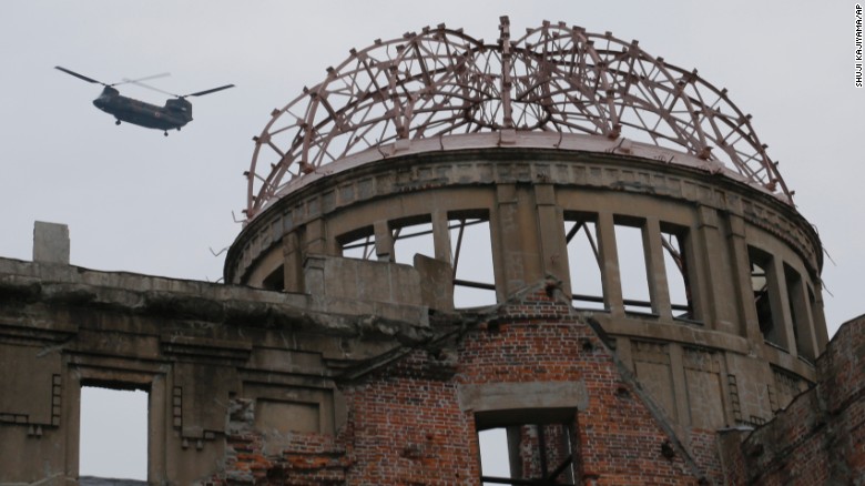 A helicopter takes off near the the Atomic Bomb Dome in Hiroshima, Japan.