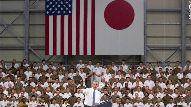President Obama speaks to members of the U.S. and Japanese military at the Marine Corps Air Station Iwakuni in Japan before continuing to Hiroshima.