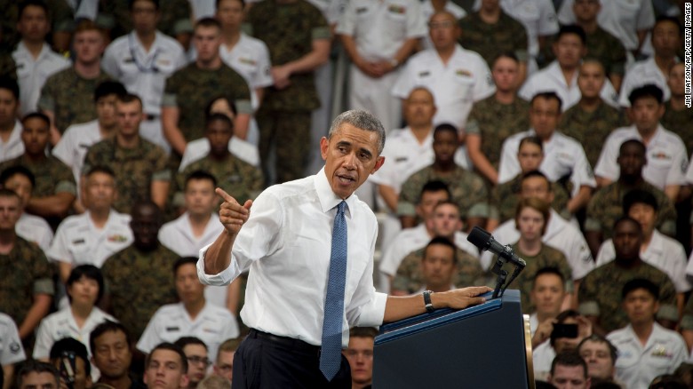 President Obama speaks to U.S. and Japanese troops during his visit to the Marine Corps Air Station. 