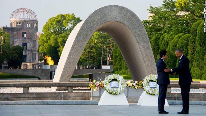 President Obama, right, and Japanese Prime Minister Shinzo Abe shake hands after laying wreaths at the Hiroshima Peace Memorial Park in Hiroshima on May 27. Obama is the first sitting U.S. president to visit Hiroshima.