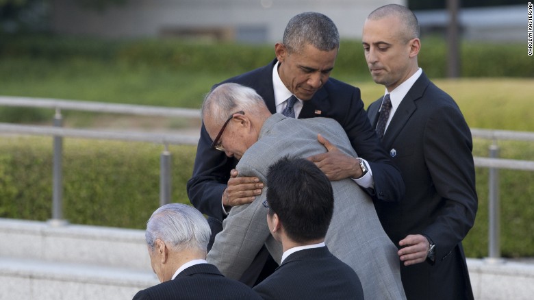 President Barack Obama hugs Shigeaki Mori, an atomic bomb survivor who created the memorial for American WWII POWs killed at Hiroshima, during a ceremony at Hiroshima Peace Memorial Park in Hiroshima, Japan, Friday, May 27. Obama on Friday became the first sitting U.S. president to visit the site of the world&#39;s first atomic bomb attack.
