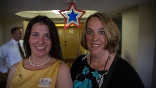 Cat Miller (left) and Alyssa Salgado are delegates for Indiana. Miller is campaign manager for Mark Rutherford, who is running for party chairman, and she recently decided to become a Libertarian. They said they received a spike in inquiries from people unhappy with Trump after Ted Cruz dropped out of the race.