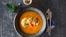 Bone in chicken light soup, served with fufu is a dish that shows off Adjonyoh's Ghanian roots. Fufu is a dough-like dish made with cassava that many Ghanian's consider a staple. 