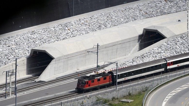A train makes at the north entrance of the Gotthard Base Tunnel.