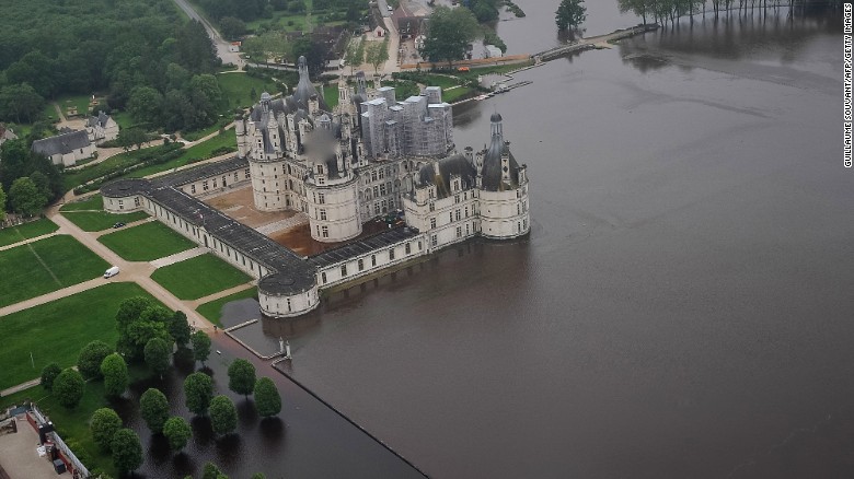An aerial photo shows floodwaters around the 16-century chateau of Chambord on June 2 after the Cosson burst its banks.
