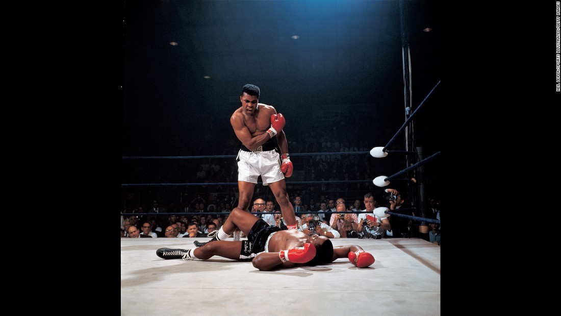 Ali stands over Liston during their rematch in Lewiston, Maine, on May 25, 1965.