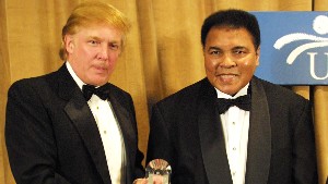 Muhammad Ali is honored March 14, 2001 and receives The UCP's Humanitarian Award from Donald Trump at the United Cerebral Palsey dinner at the New York Marriott Marquis Hotel in New York City.