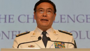 Chinese Admiral Sun Jianguo speaks at the Shangri-La Dialogue in Singapore on Sunday.