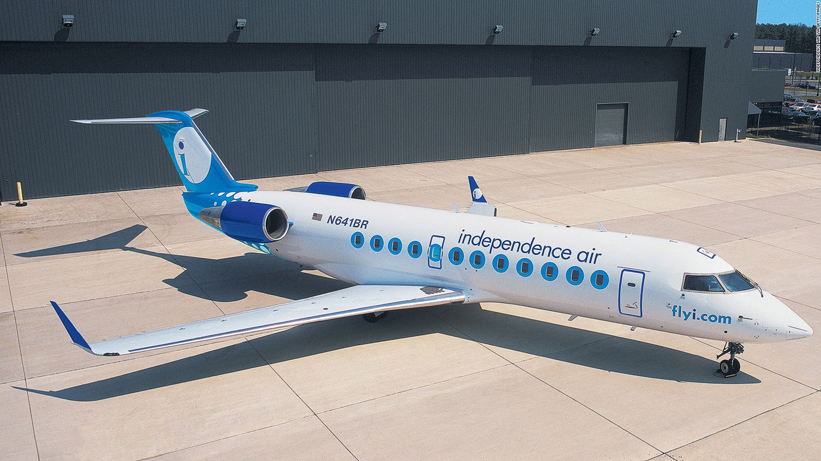 An Independence Air Bombardier CRJ on the tarmac at Washington's Dulles International Airport.