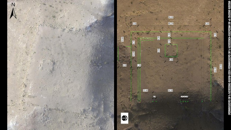 An overhead image of the new monument at Petra photographed from a drone, and a detail overlay of the surface features in which the image is rotated 90 degrees clockwise.