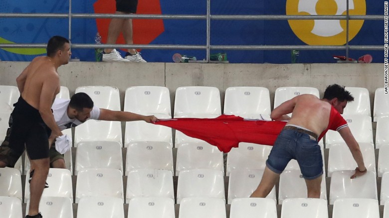 Russia and England fans clash in Marseille.