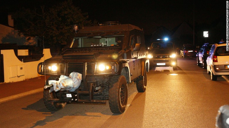 A French special forces vehicle leaves the scene of the incident in Magnanville, 45 kilometers west of Paris.