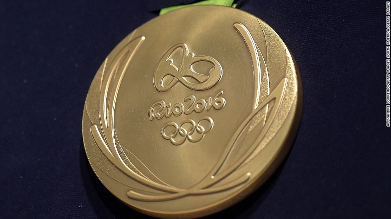 A close-up of a gold medal for the Rio Olympics. 