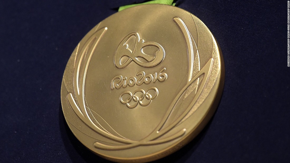 A close-up of a gold medal for the Rio Olympics. 