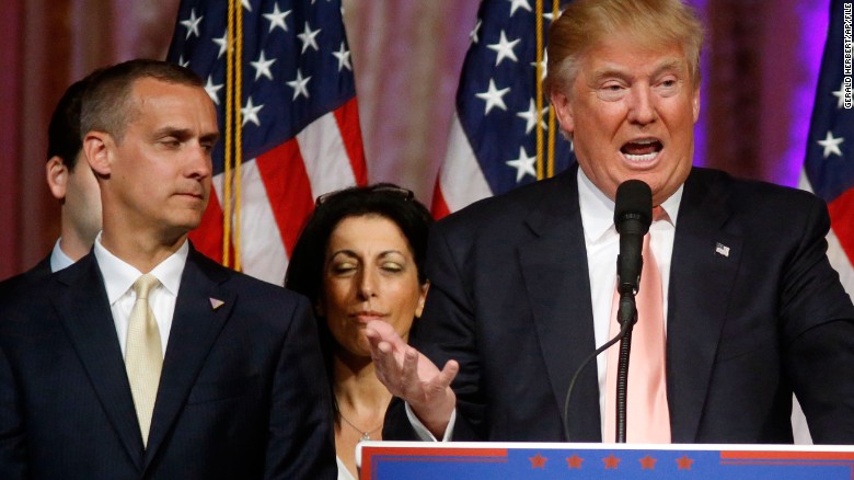 Republican presidential candidate Donald Trump speaks to supporters at his primary election night event at his Mar-a-Lago Club in Palm Beach, Fla., Tuesday, March 15, 2016. At left is his campaign manager Corey Lewandowski. (AP Photo/Gerald Herbert)